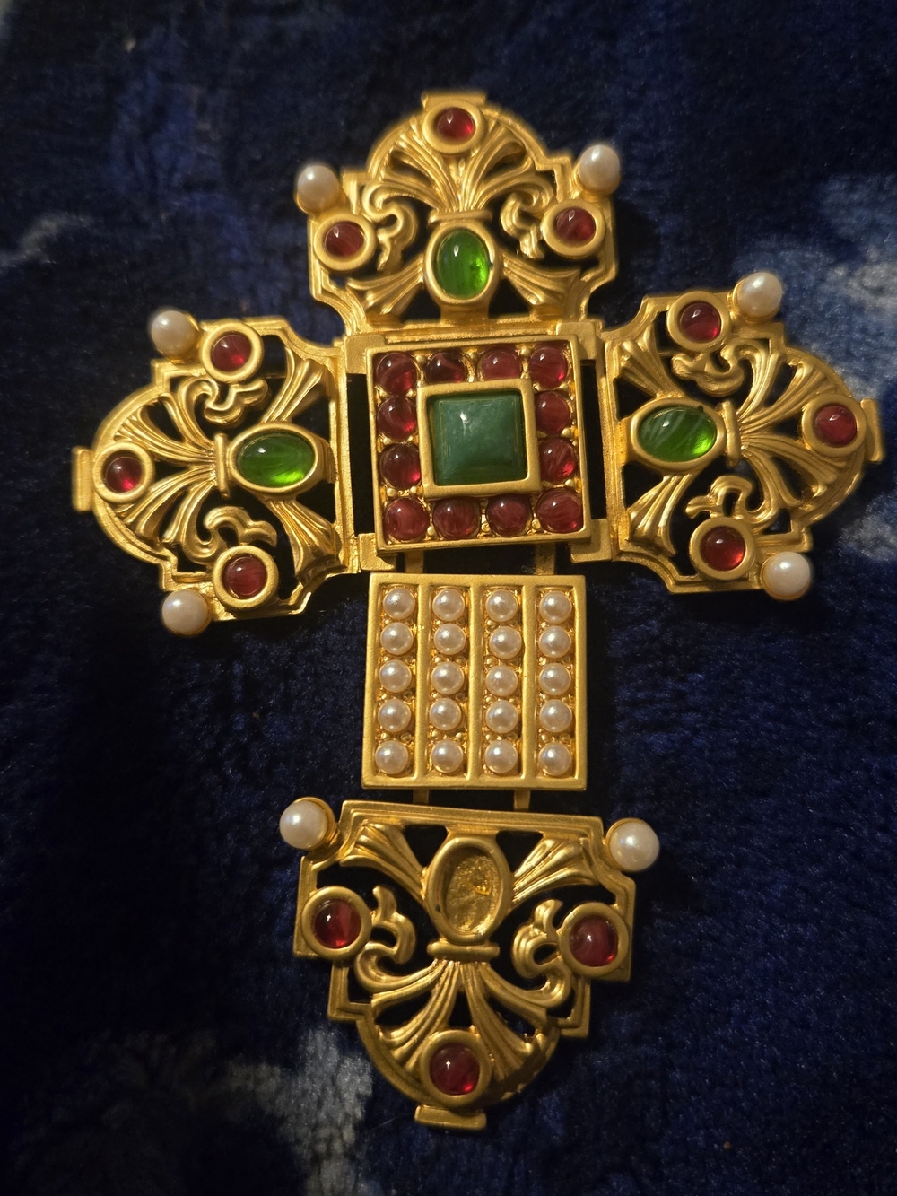 Gold-Tone Cross Brooch with Green, Red and Pearl Accents